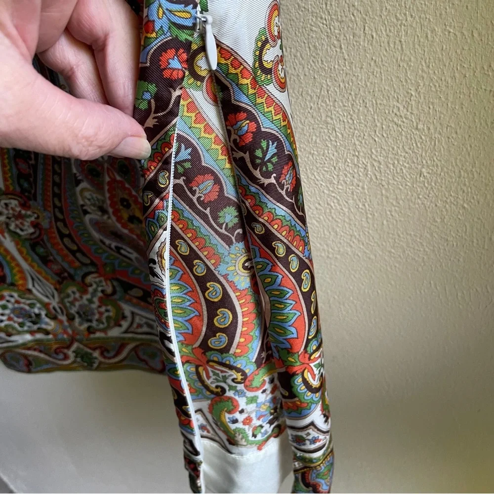 Talbot's Silk Paisley Patterned Blouse. Cap Sleeves, Side Zip. Cream, Green. 2P - Picture 10 of 11
